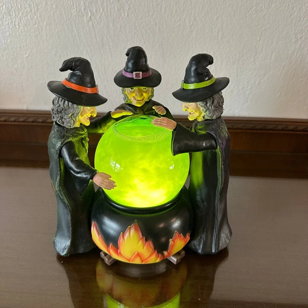 Halloween Snow Globe Three Witches Green Glowing Swirl Cauldron Over Fire 9in